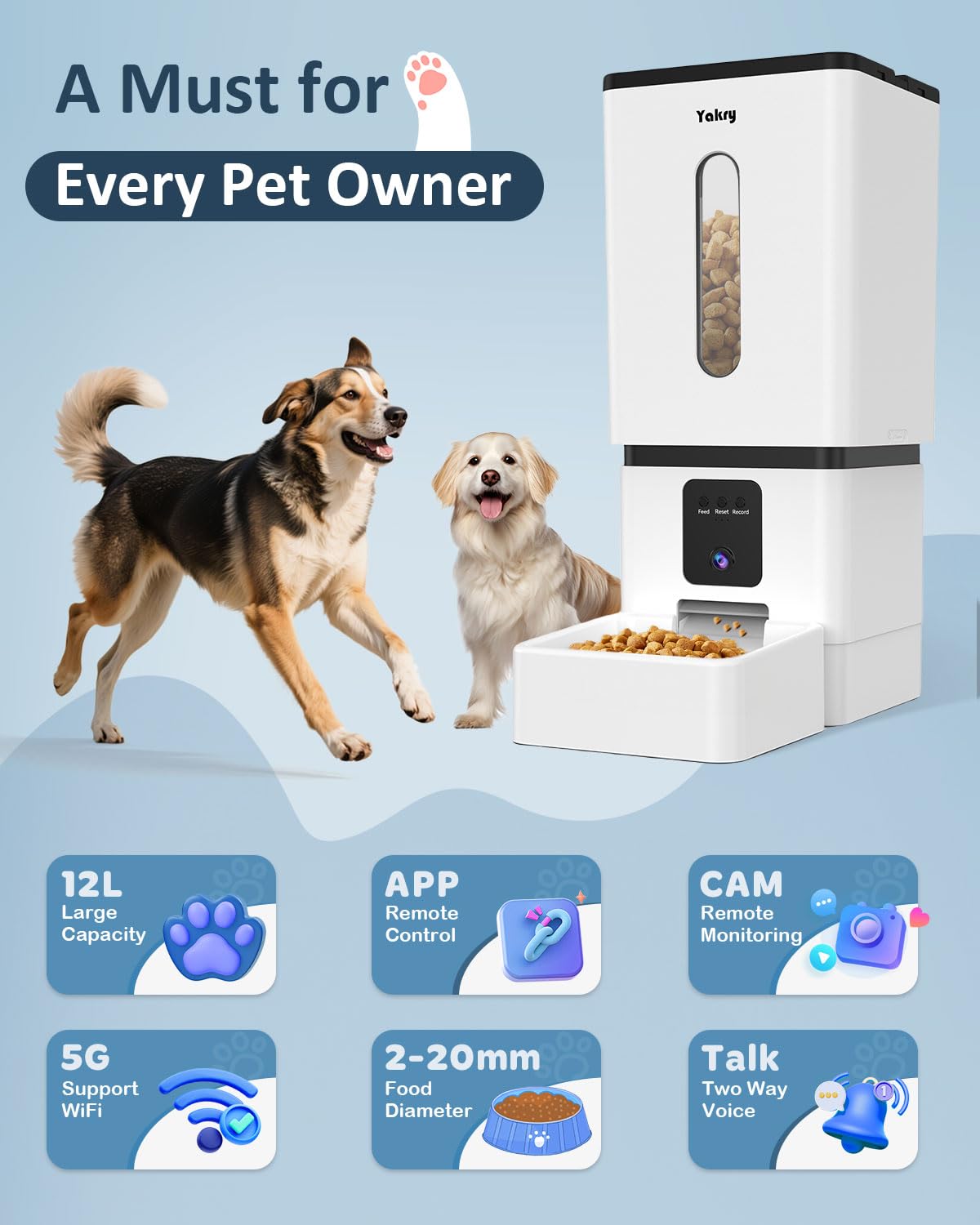 Yakry 12L Auto Dog Feeder with 1080P HD Camera | WiFi Enabled