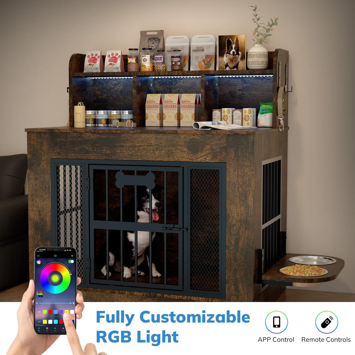 Petrova 33" Wooden Dog Crate Furniture | Storage & LED Light