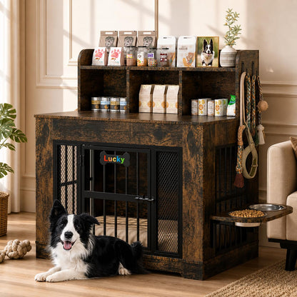 Petrova 33" Wooden Dog Crate Furniture | Storage & LED Light