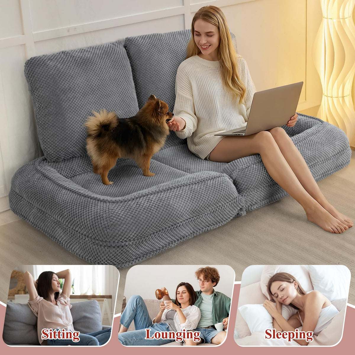 HKOLIE Foldable Human Dog Bed Floor Chair | 5 Positions | Gray