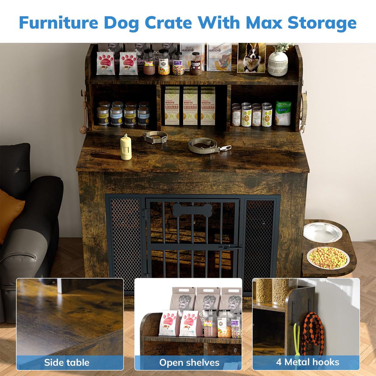 Petrova 33" Wooden Dog Crate Furniture | Storage & LED Light
