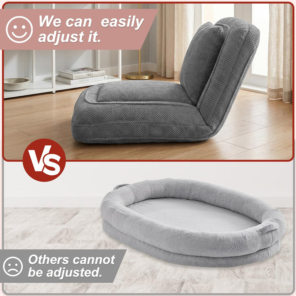 HKOLIE Foldable Human Dog Bed Floor Chair | 5 Positions | Gray