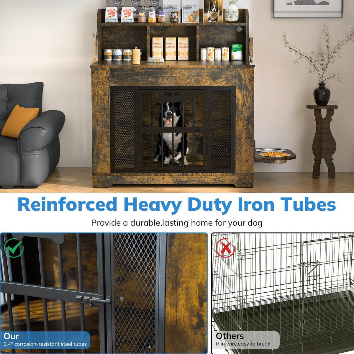 Petrova 33" Wooden Dog Crate Furniture | Storage & LED Light