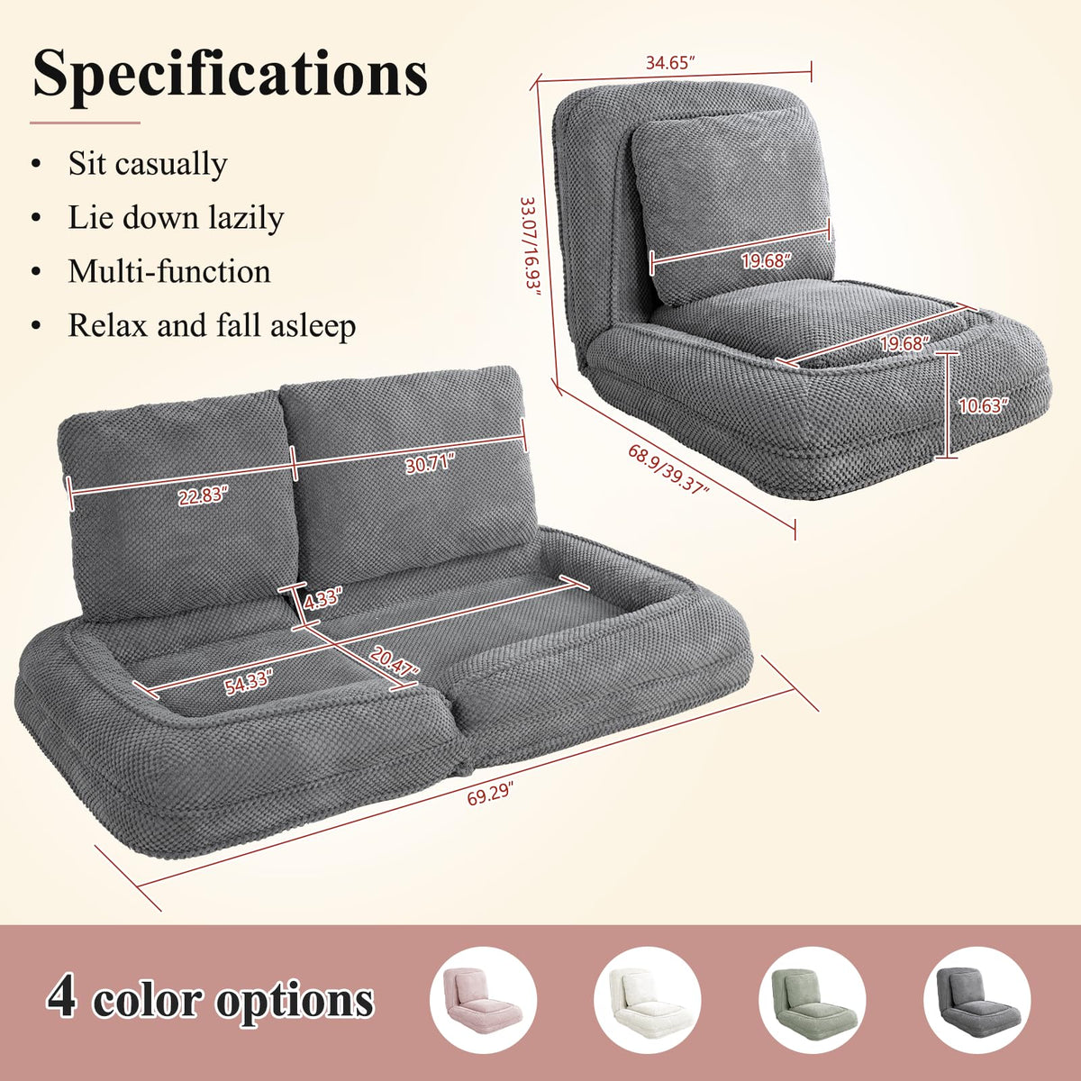 HKOLIE Foldable Human Dog Bed Floor Chair | 5 Positions | Gray
