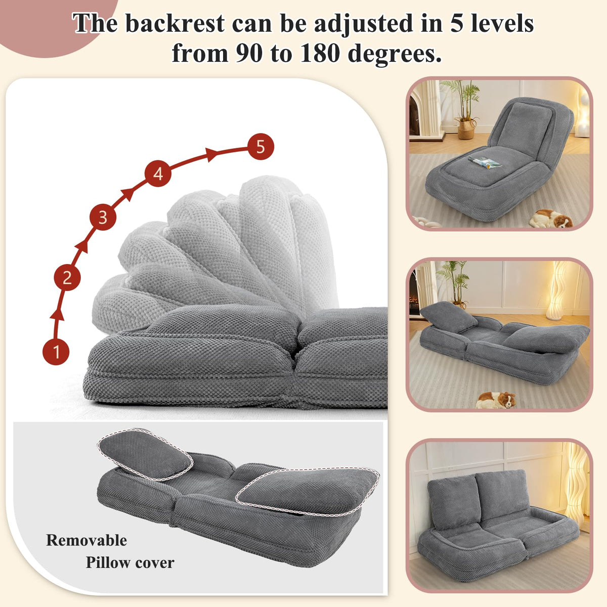 HKOLIE Foldable Human Dog Bed Floor Chair | 5 Positions | Gray