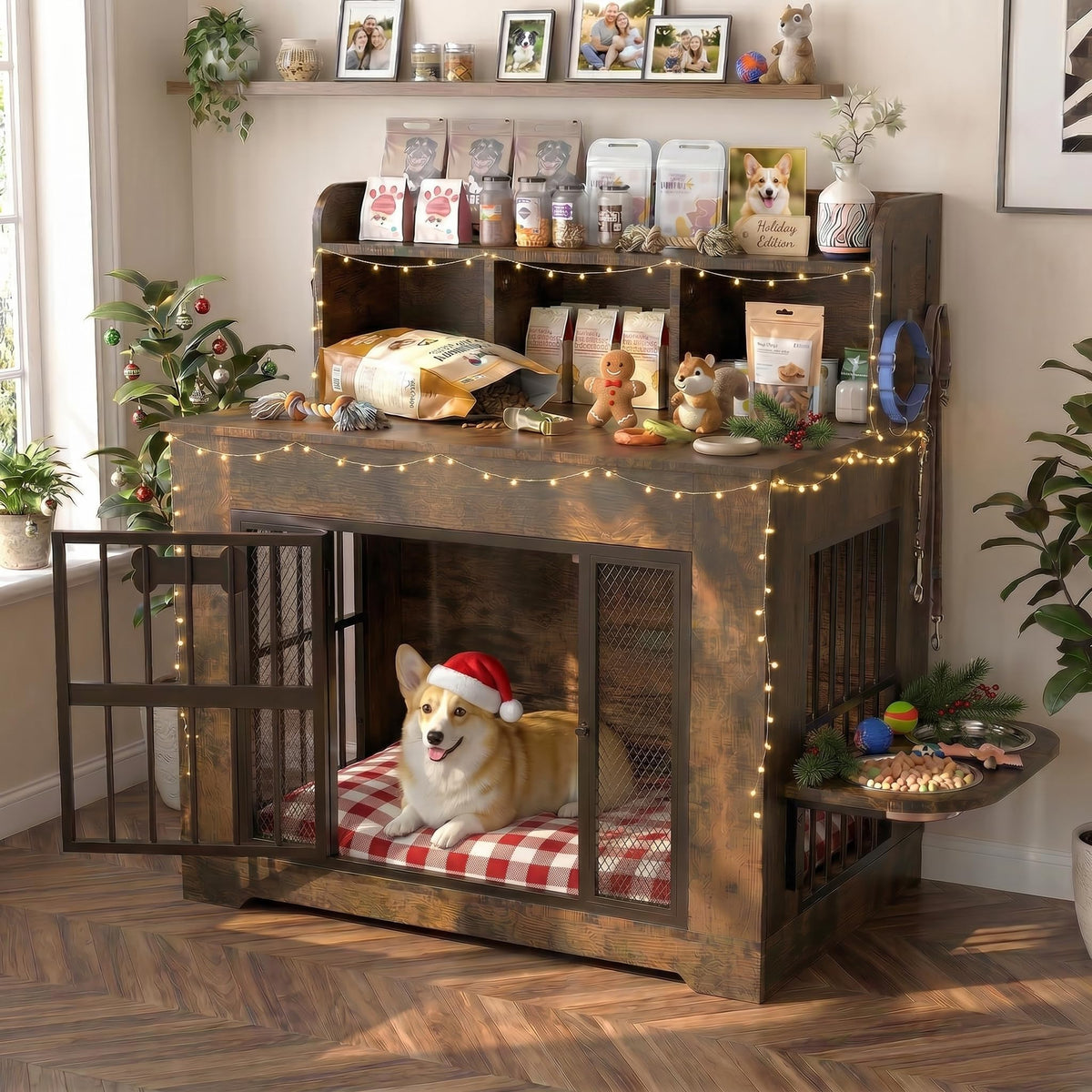 Petrova 33" Wooden Dog Crate Furniture | Storage & LED Light