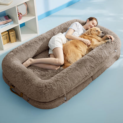 LE SURE Foldable Human Dog Bed 3-in-1 | Egg Foam | Faux Fur | Taupe