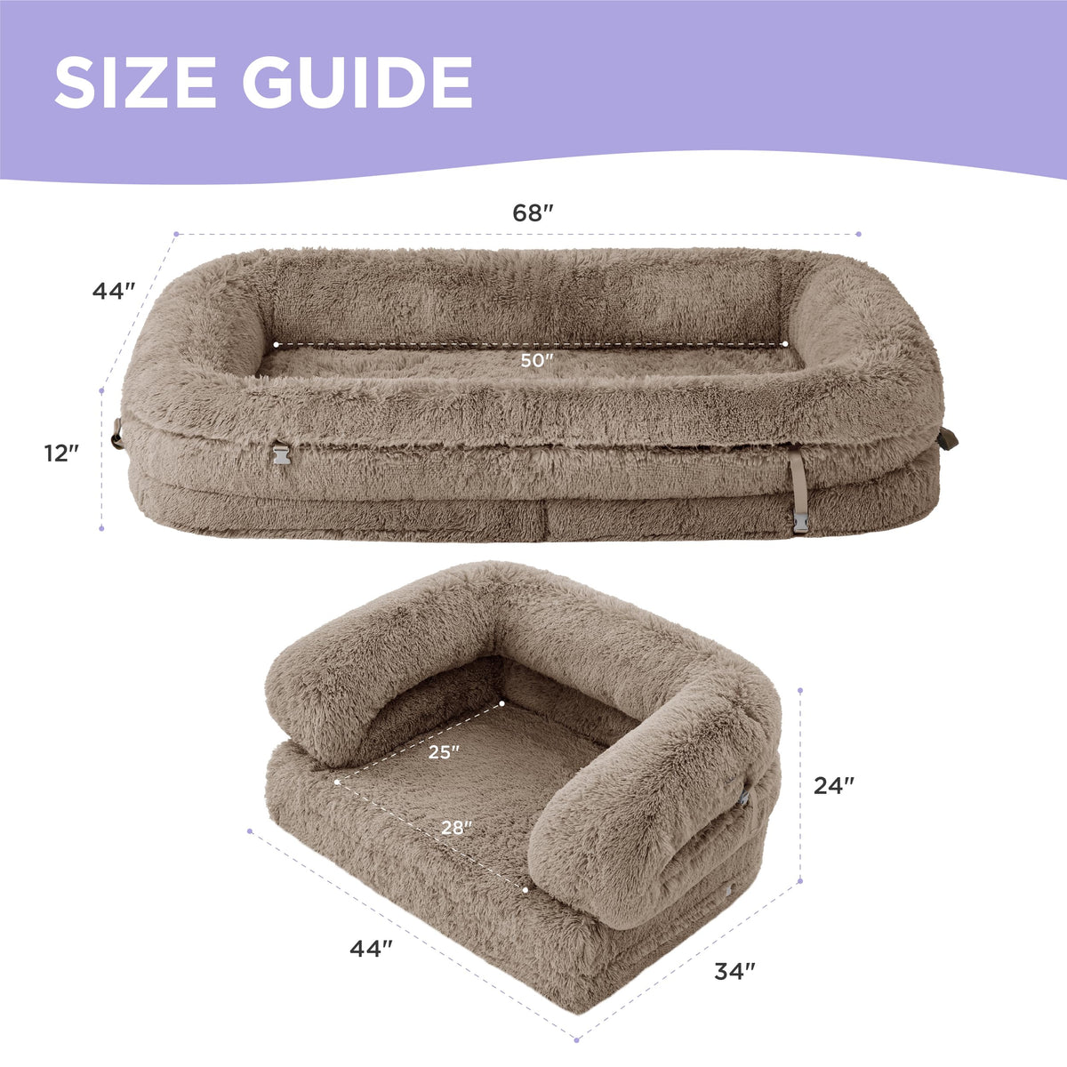 LE SURE Foldable Human Dog Bed 3-in-1 | Egg Foam | Faux Fur | Taupe