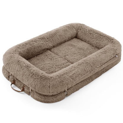 LE SURE Foldable Human Dog Bed 3-in-1 | Egg Foam | Faux Fur | Taupe