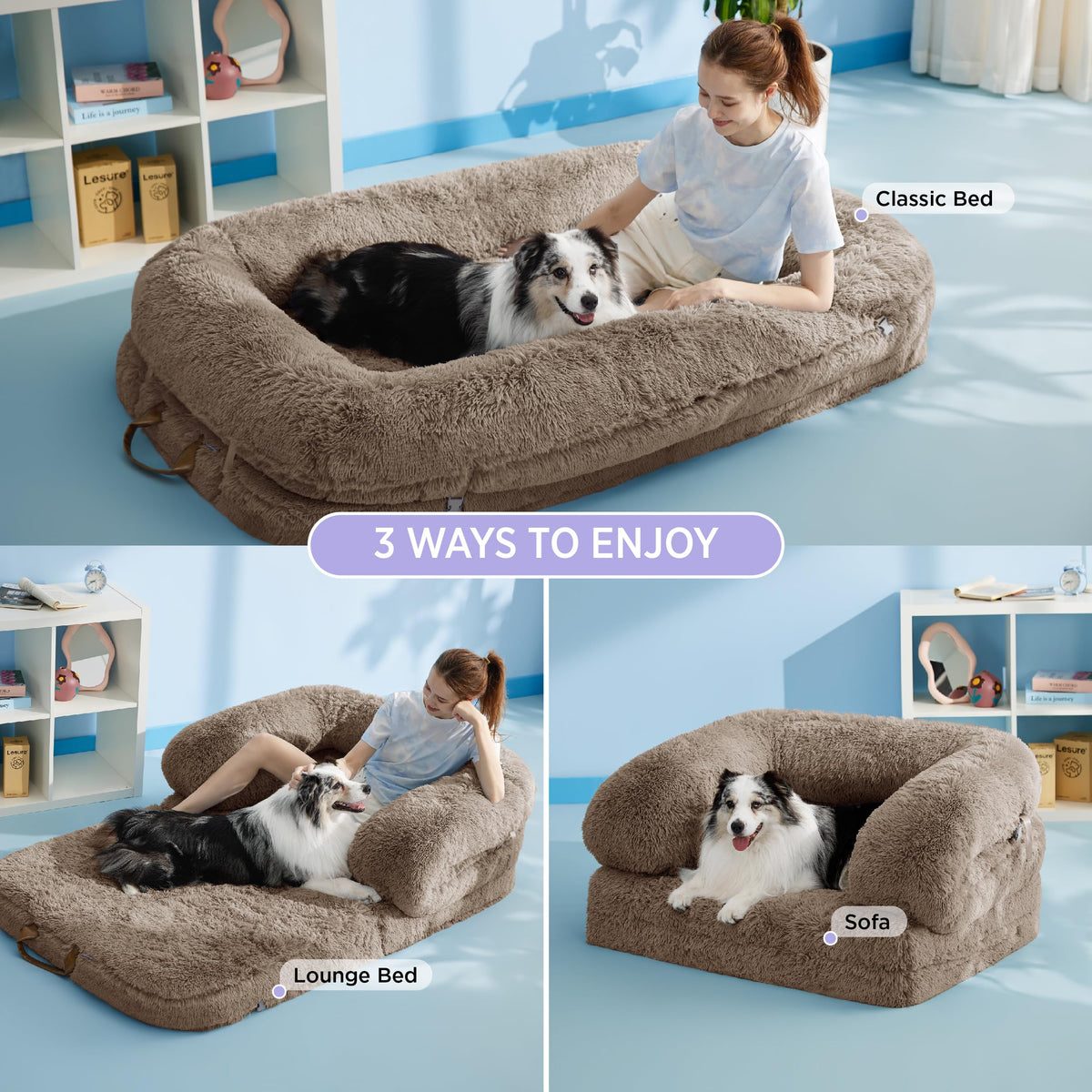LE SURE Foldable Human Dog Bed 3-in-1 | Egg Foam | Faux Fur | Taupe