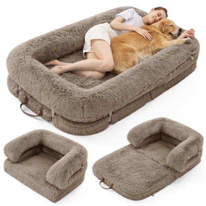 LE SURE Foldable Human Dog Bed 3-in-1 | Egg Foam | Faux Fur | Taupe
