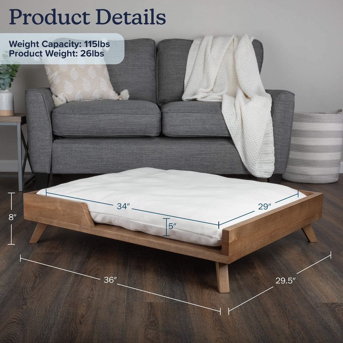 PETMAKER Elevated Dog Bed 36x29.5" | Mid-Century Wood Frame