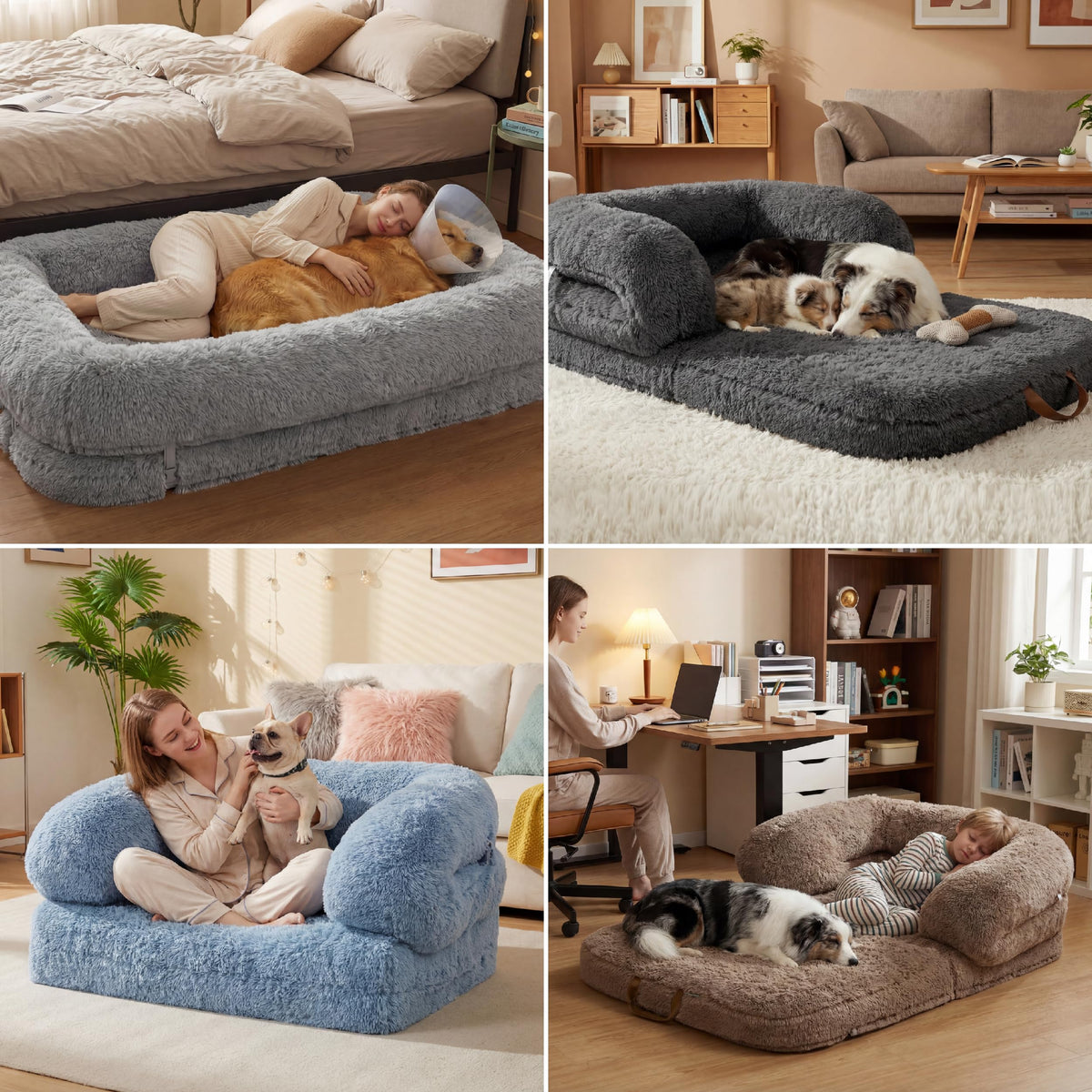 LE SURE Foldable Human Dog Bed 3-in-1 | Egg Foam | Faux Fur | Taupe